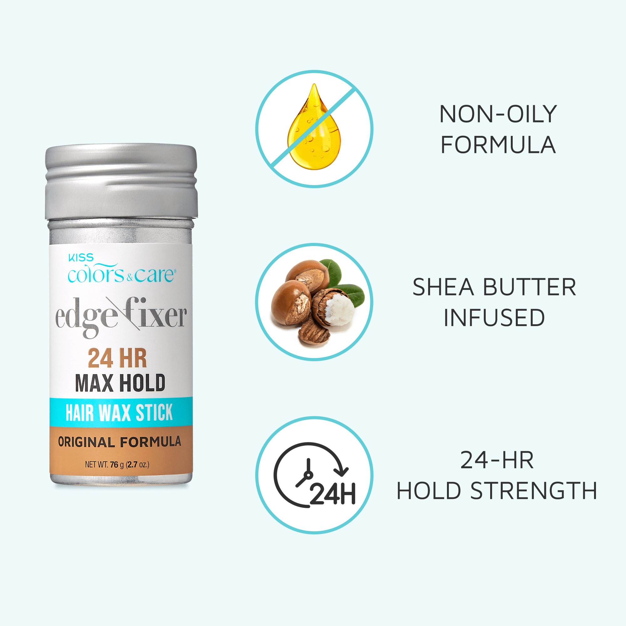 Silver-capped stick of KISS Colors & Care Edge Fixer Hair Wax with labels highlighting non-oily formula, shea butter infusion, and 24-hour max hold strength.