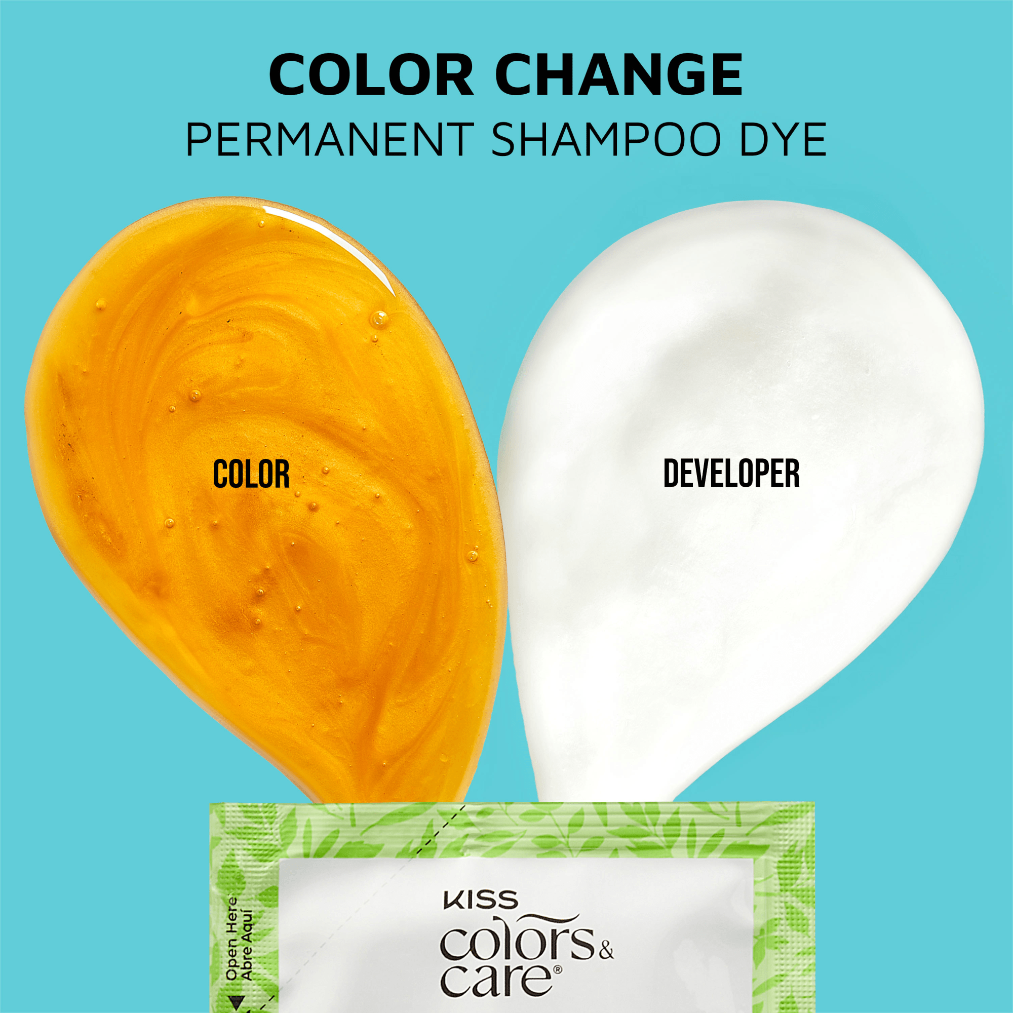 Bright blue background with two large drops labeled "Color" in golden yellow and "Developer" in white above a partially visible green and white sachet. Text reads "Color Change Permanent Shampoo Dye."