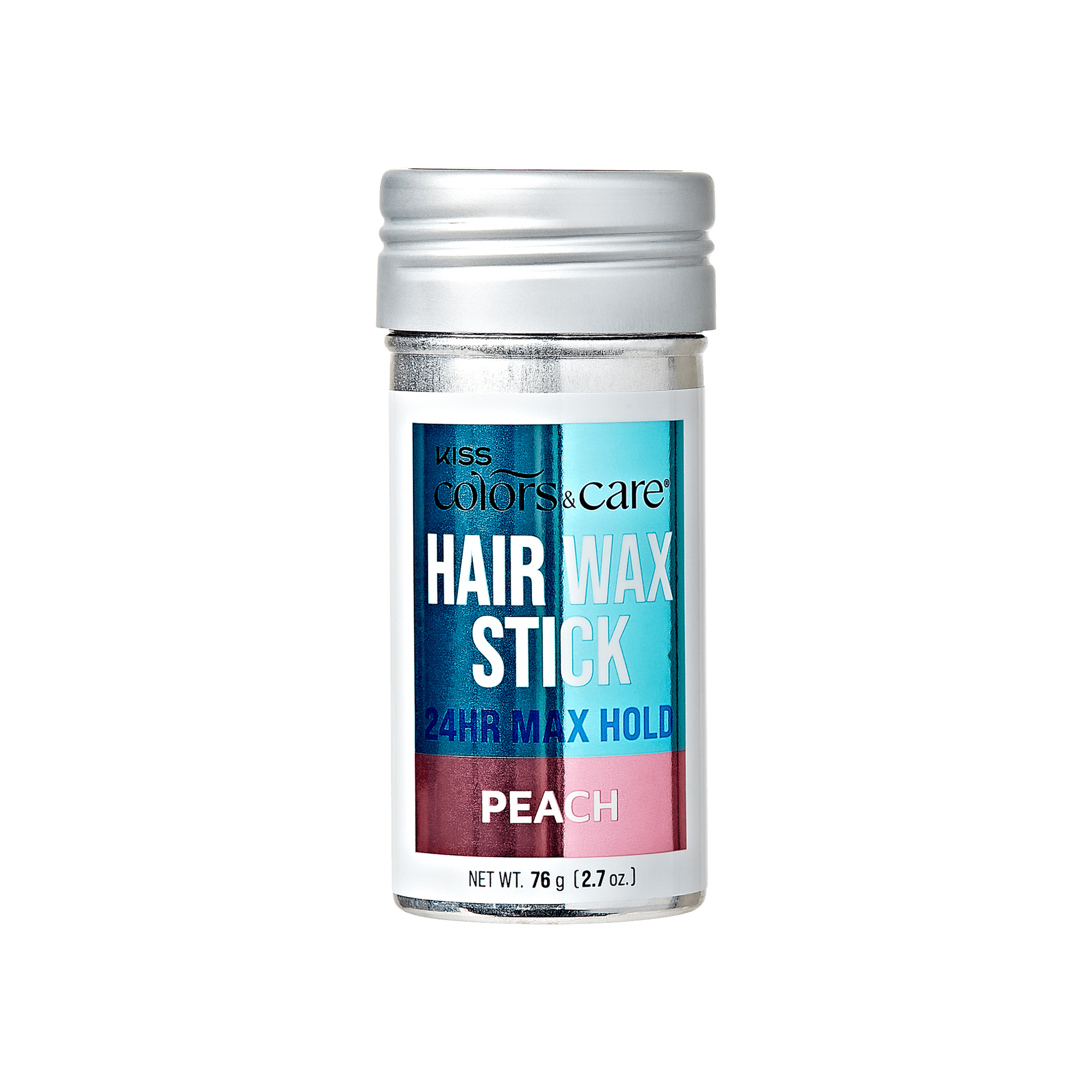 Small cylindrical container of KISS Colors & Care hair wax stick with silver cap, blue and pink label reading "24HR Max Hold Peach" and net weight 2.7 oz.