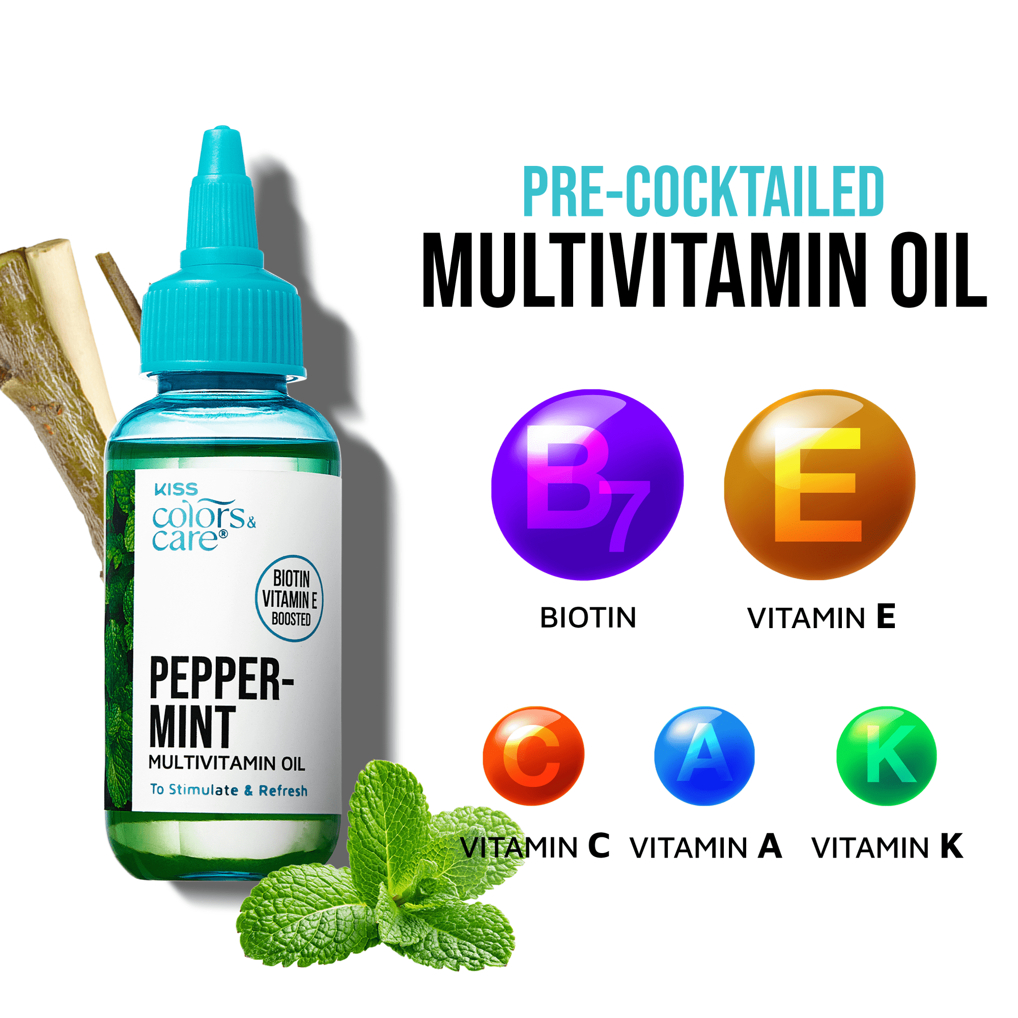 Clear bottle of KISS Colors & Care Peppermint Multivitamin Oil with turquoise cap, mint leaves, text highlighting biotin and vitamins A, C, E, K in colorful circles.