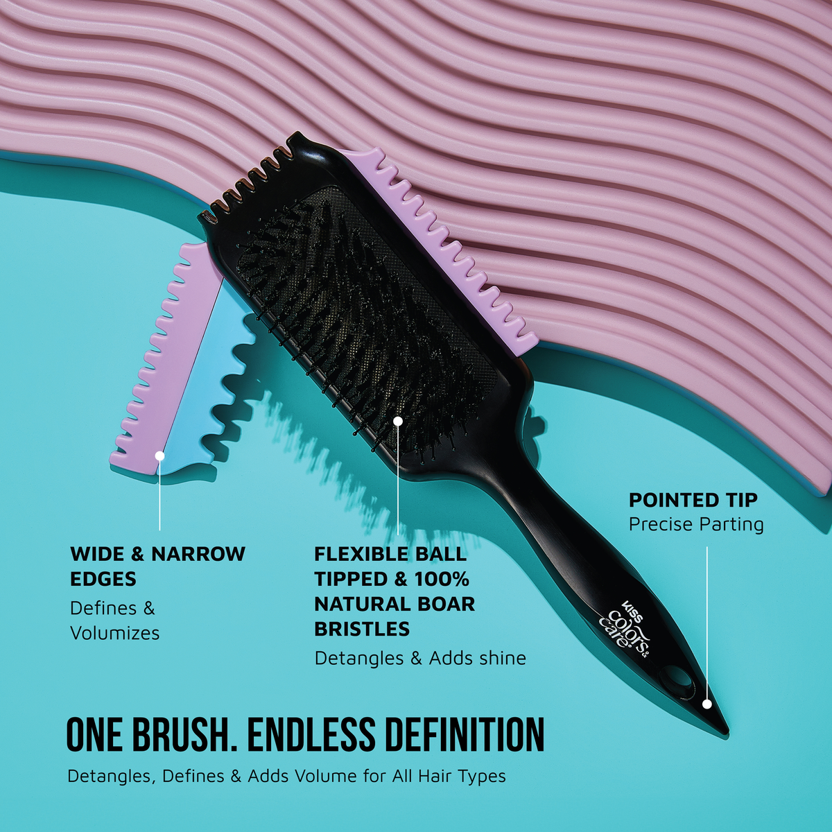 Black KISS Colors & Care SwitchCurl™ Define Brush with purple wide and narrow edges on a blue surface, highlighting features for detangling, defining, and precise parting. Text: "One Brush.