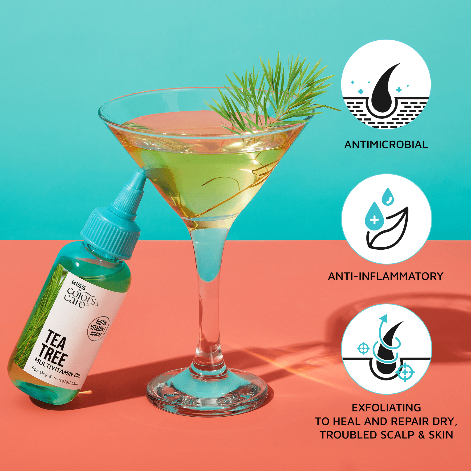 KISS Colors & Care Tea Tree Multivitamin Oil bottle leaning on a martini glass with tea tree branch inside. Icons highlight antimicrobial, anti-inflammatory, and exfoliating benefits for dry, troubled scalp and skin.