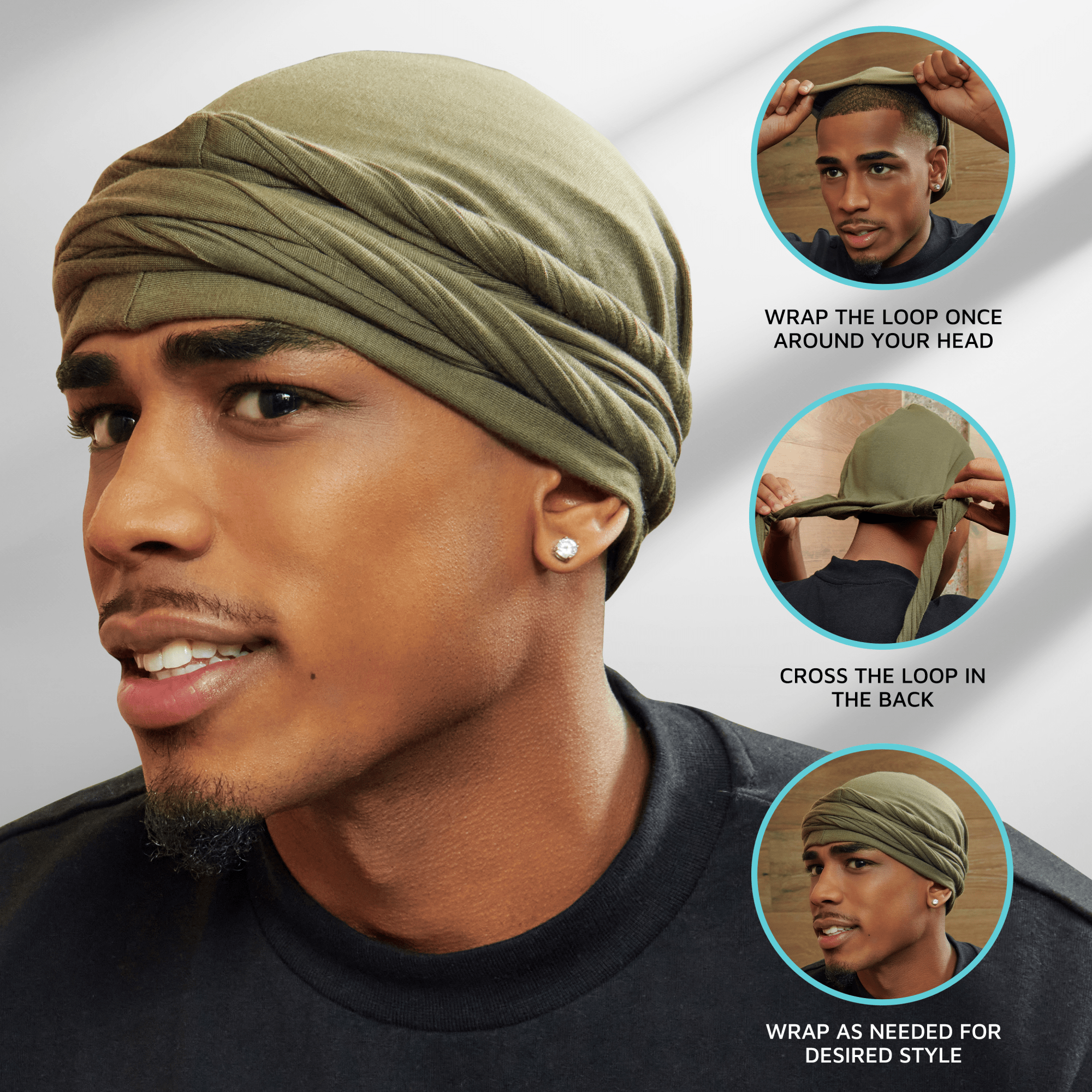 Close-up of a man wearing an olive-green satin-lined turban with three inset images showing how to wrap: wrap the loop once around the head, cross the loop in the back, and wrap as needed for style.