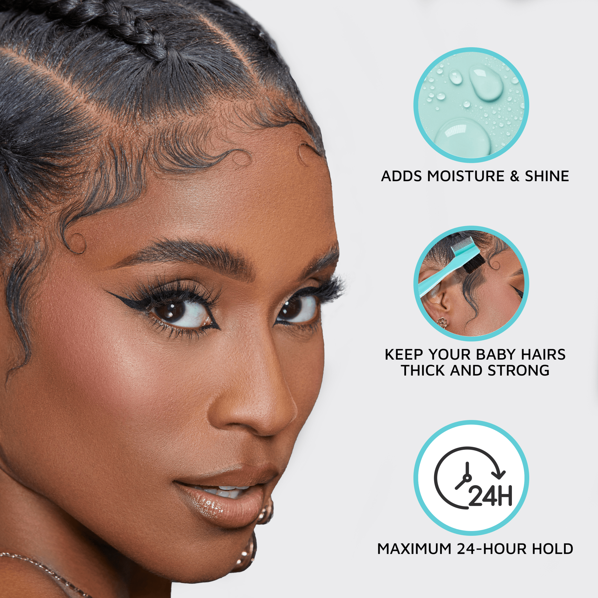 Close-up of a woman with styled edges and baby hairs, highlighting benefits: adds moisture and shine, keeps baby hairs thick and strong, and provides maximum 24-hour hold.