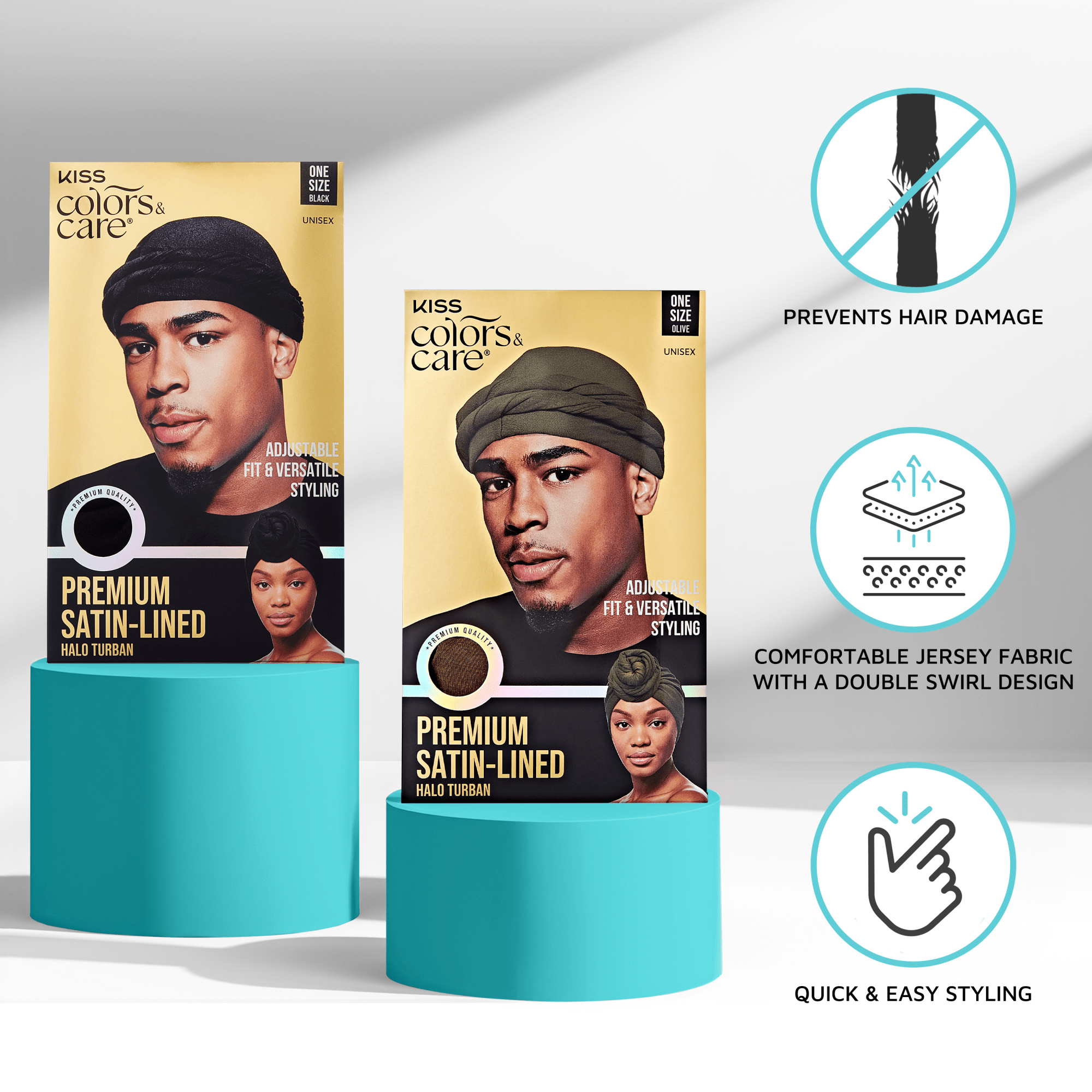 Two KISS Colors & Care Premium Satin-Lined Halo Turban packages displayed on blue pedestals, showing black and olive turbans with claims: prevents hair damage, comfortable jersey fabric, and quick styling.