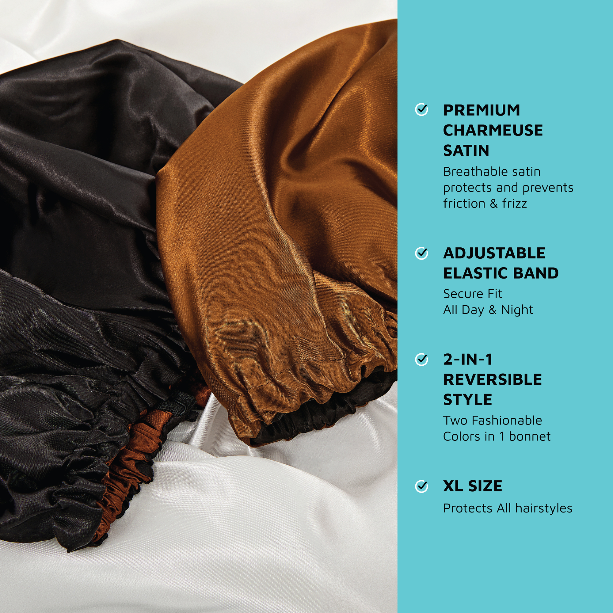 Kiss Colors & Care Charmeuse Silky Satin Adjustable Reversible Bonnet - Brown & Black