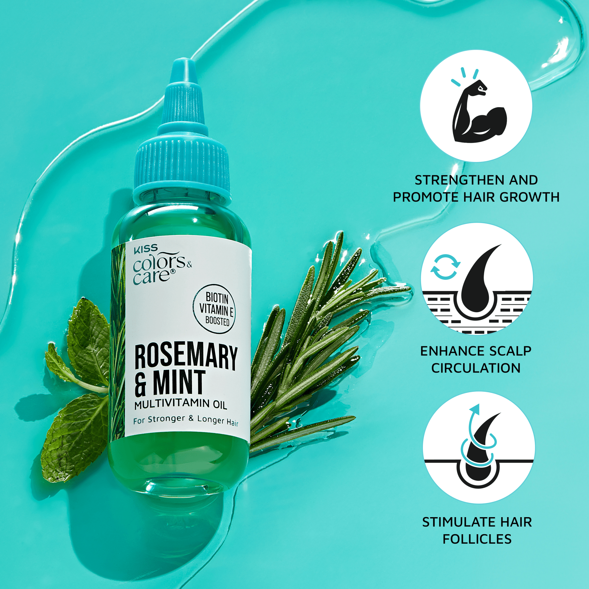 Green bottle of KISS Colors & Care Rosemary & Mint Multivitamin Oil with fresh rosemary and mint leaves on turquoise background.