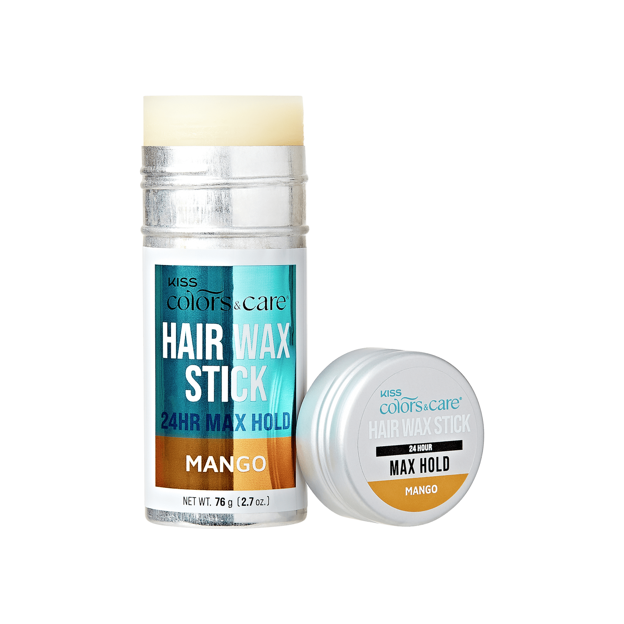 KISS Colors & Care Hair Wax Stick in silver tube with blue and orange label, mango scent, 24-hour max hold, with matching silver cap beside it.