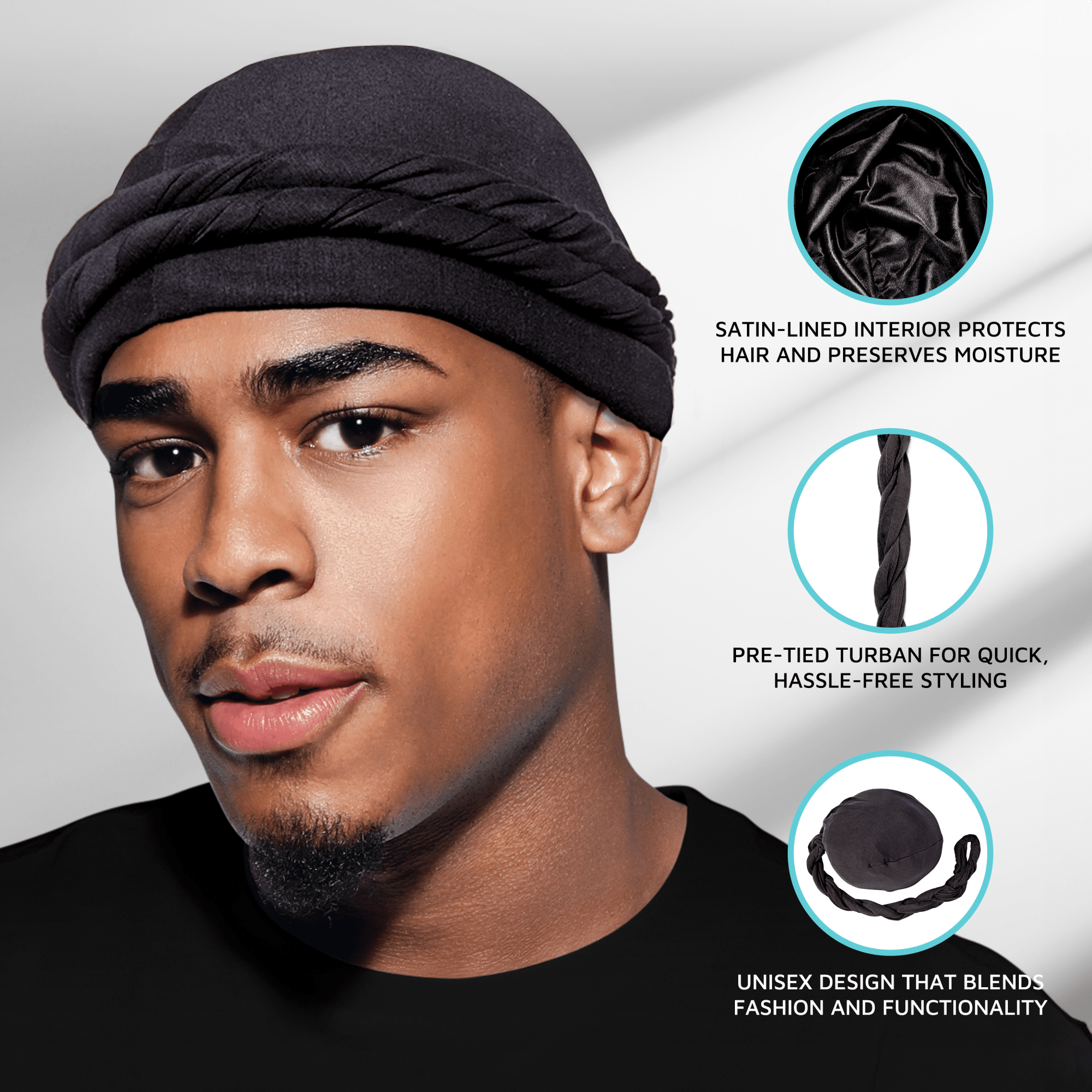 Close-up of a man wearing a black pre-tied satin-lined halo turban. Text highlights moisture-preserving satin interior, quick styling, and unisex design.
