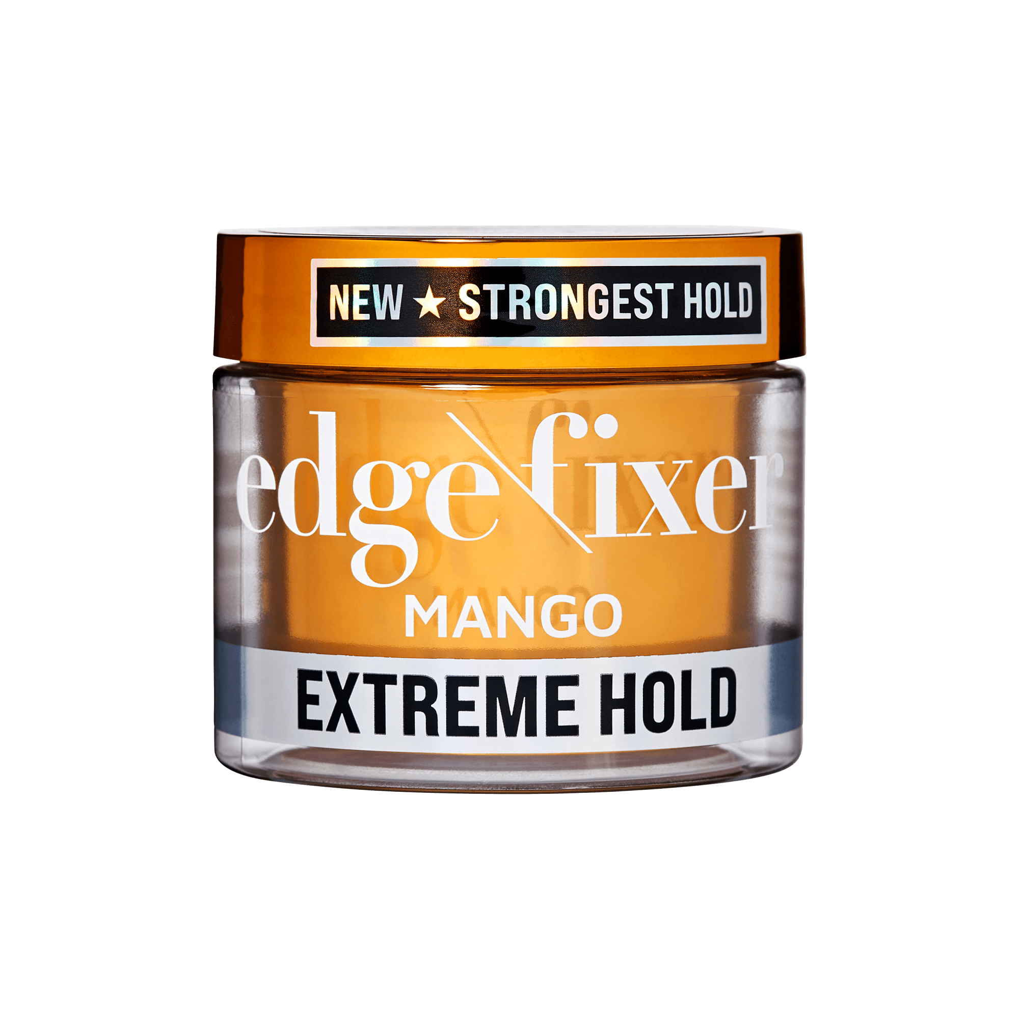 Clear jar of KISS Colors & Care Edge Fixer Extreme Hold Gel with orange lid, labeled "NEW STRONGEST HOLD" and "MANGO EXTREME HOLD."