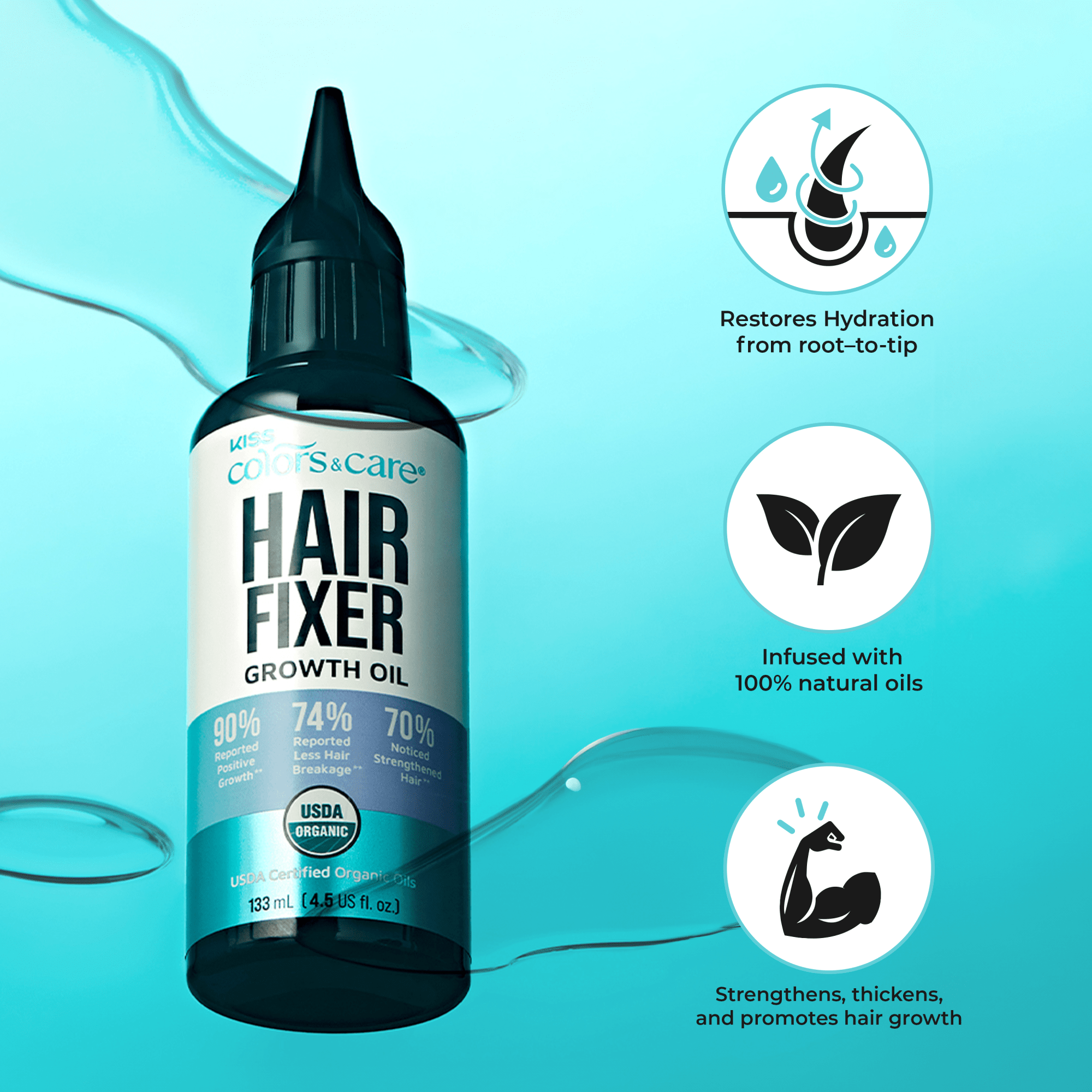 Bottle of Kiss Colors & Care Hair Fixer Growth Oil in black and blue with claims: restores hydration from root to tip, 100% natural oils, strengthens and promotes hair growth.