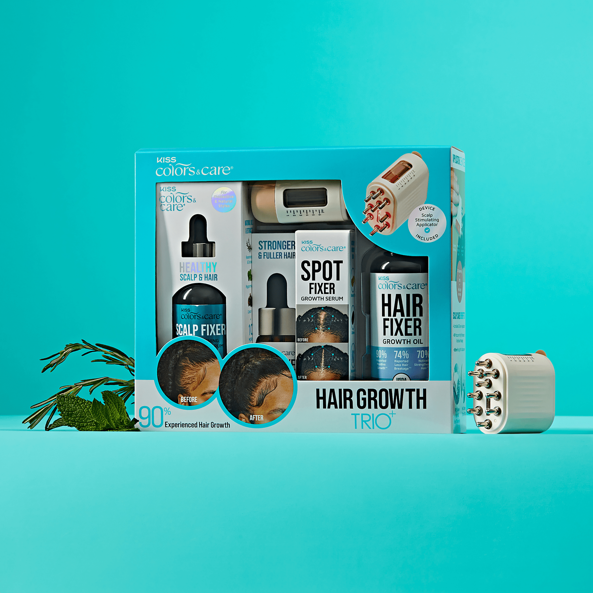 KISS Colors & Care Hair Growth Trio box with scalp fixers, spot fixer, hair fixer, and a scalp stimulating applicator, showing before and after hair growth results.