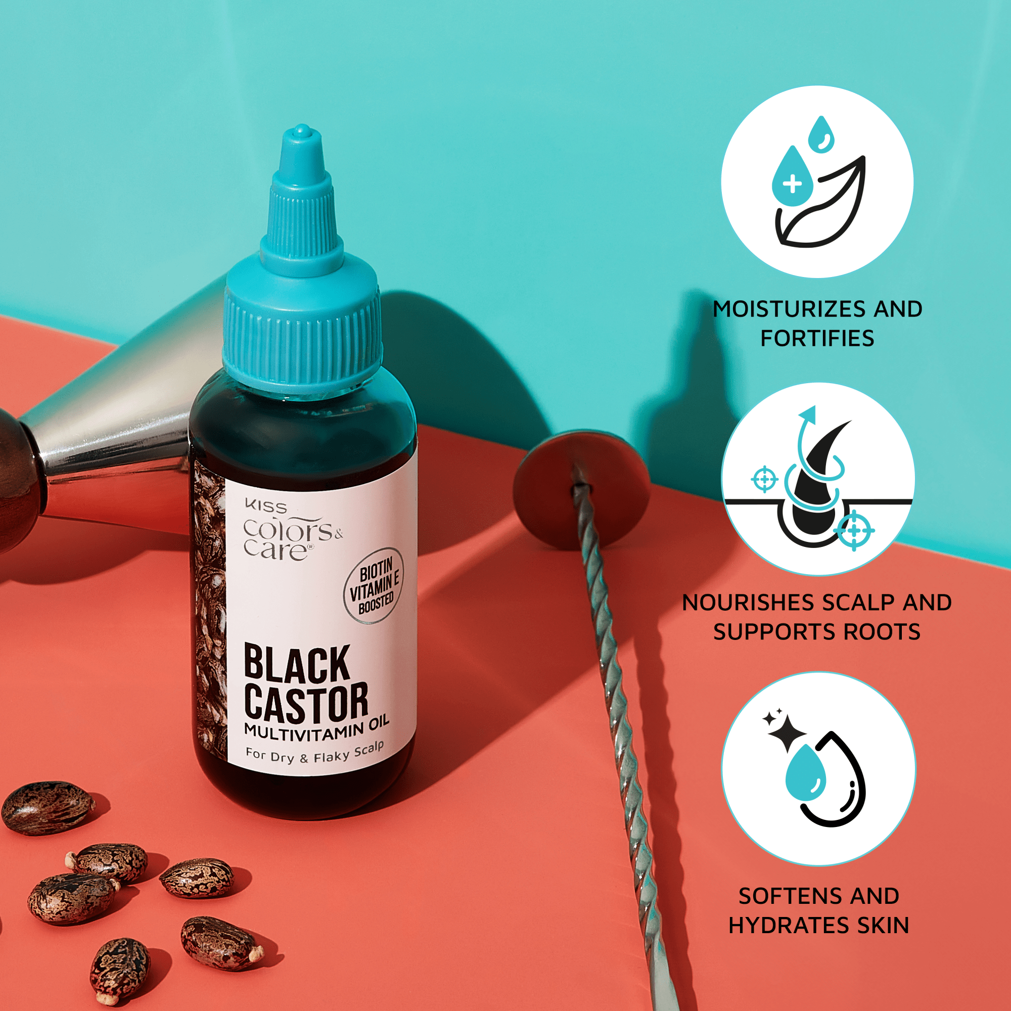 Bottle of KISS Colors & Care Black Castor Multivitamin Oil with a blue cap, castor seeds nearby, and icons highlighting moisturizing, nourishing scalp, and hydrating skin benefits.