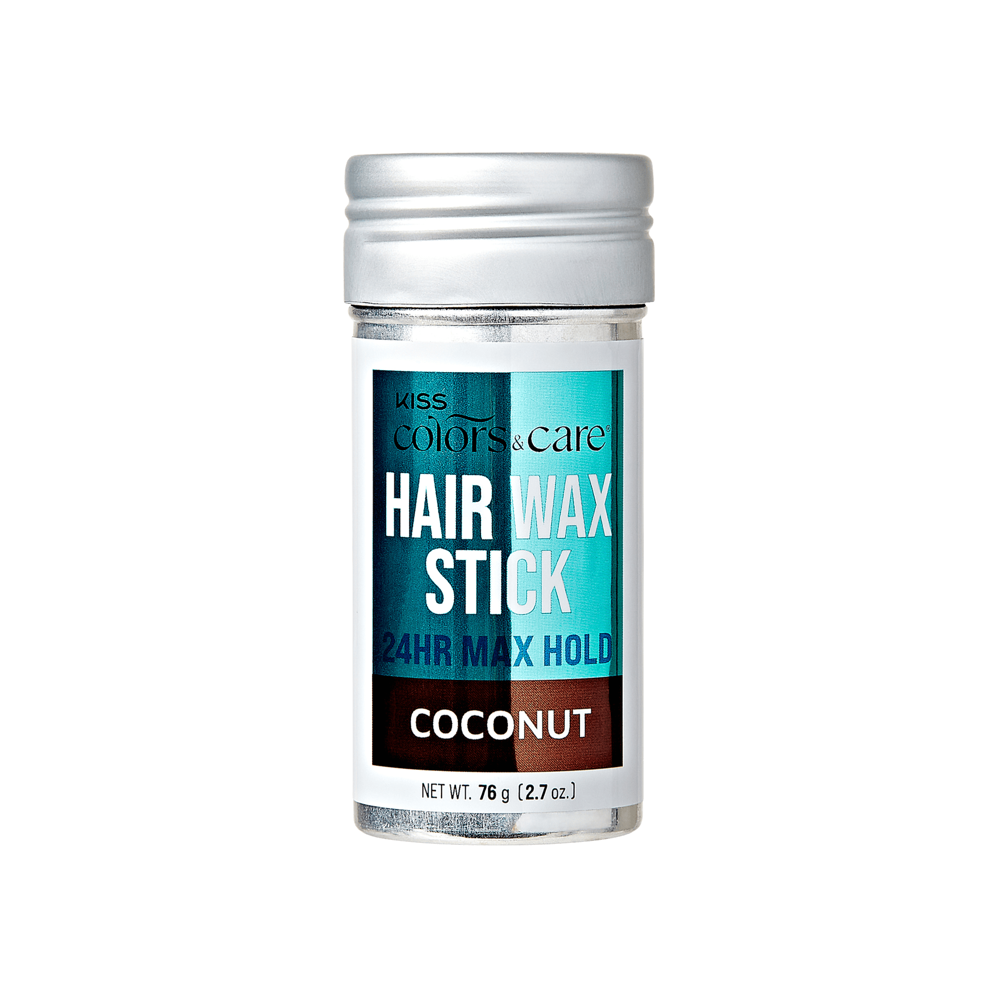 Clear plastic jar with silver lid containing KISS Colors & Care hair wax stick in coconut scent, labeled for 24-hour max hold, 2.7 oz.