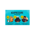 Bright blue card showing acupressure instruction guide with three steps: 1) Smell for aromatherapy, 2) Apply multivitamin oil, 3) Press with gua sha tool to relieve tension.
