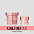 Two KISS Colors & Care Edge Fixer jars in rose gold and clear packaging, labeled "Maximum Hold Sweet Peach." Text: "EDGE FIXER DUO Sweet Peach."