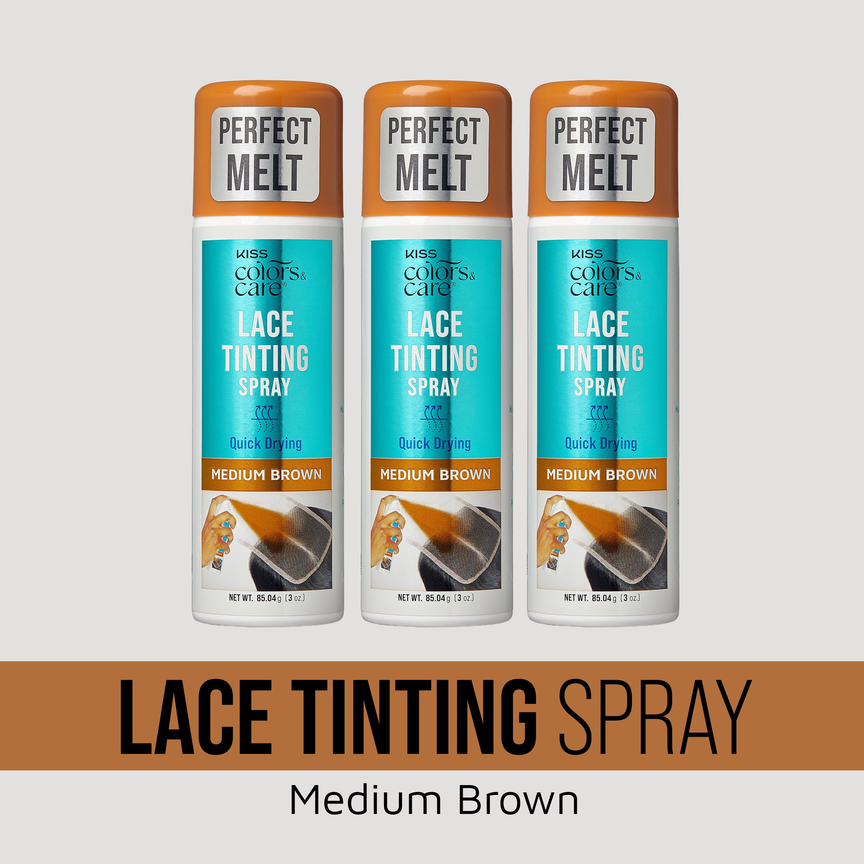 Three spray cans of KISS Colors &amp; Care Lace Tinting Spray in medium brown, labeled Perfect Melt and Quick Drying, with a spray illustration.