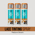 Three spray cans of KISS Colors & Care Lace Tinting Spray in medium brown, labeled Perfect Melt and Quick Drying, with a spray illustration.