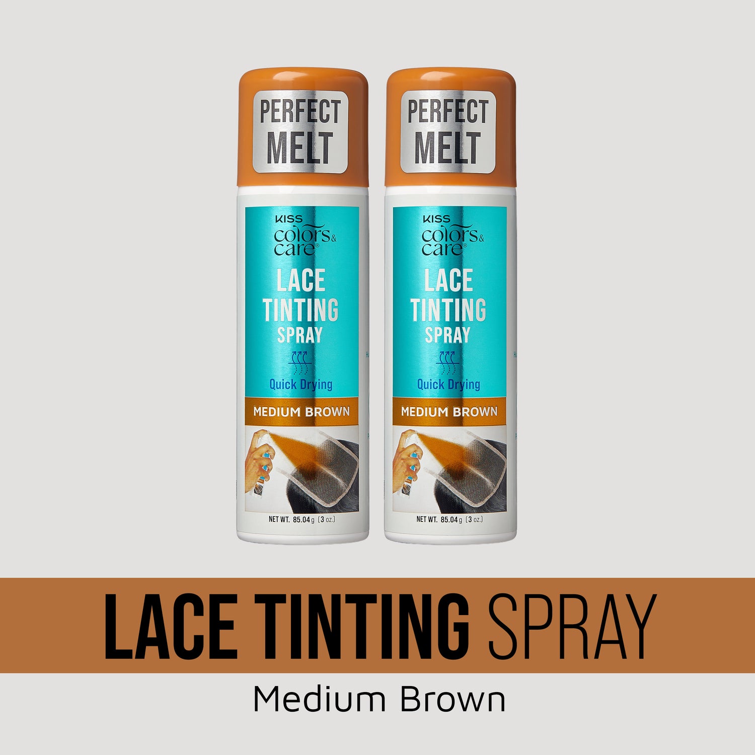 Two bottles of KISS Colors &amp; Care Lace Tinting Spray in medium brown with orange caps labeled "Perfect Melt," shown with a spray illustration.