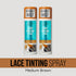 Two bottles of KISS Colors & Care Lace Tinting Spray in medium brown with orange caps labeled "Perfect Melt," shown with a spray illustration.