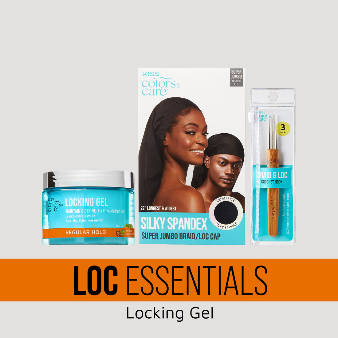 KISS Colors &amp; Care Loc Essentials Bundle with Regular Hold Locking Gel, Super Jumbo Silky Spandex Braid/Loc Cap, and 3-hook crochet tool.