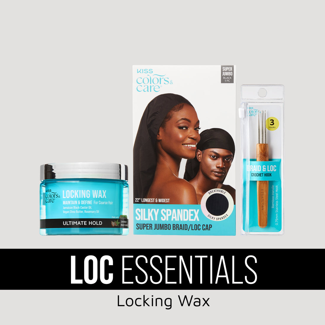 KISS Colors &amp; Care Loc Essentials Bundle with locking wax in a blue jar, silky spandex jumbo braid/loc cap packaging, and a braided crochet hook set.