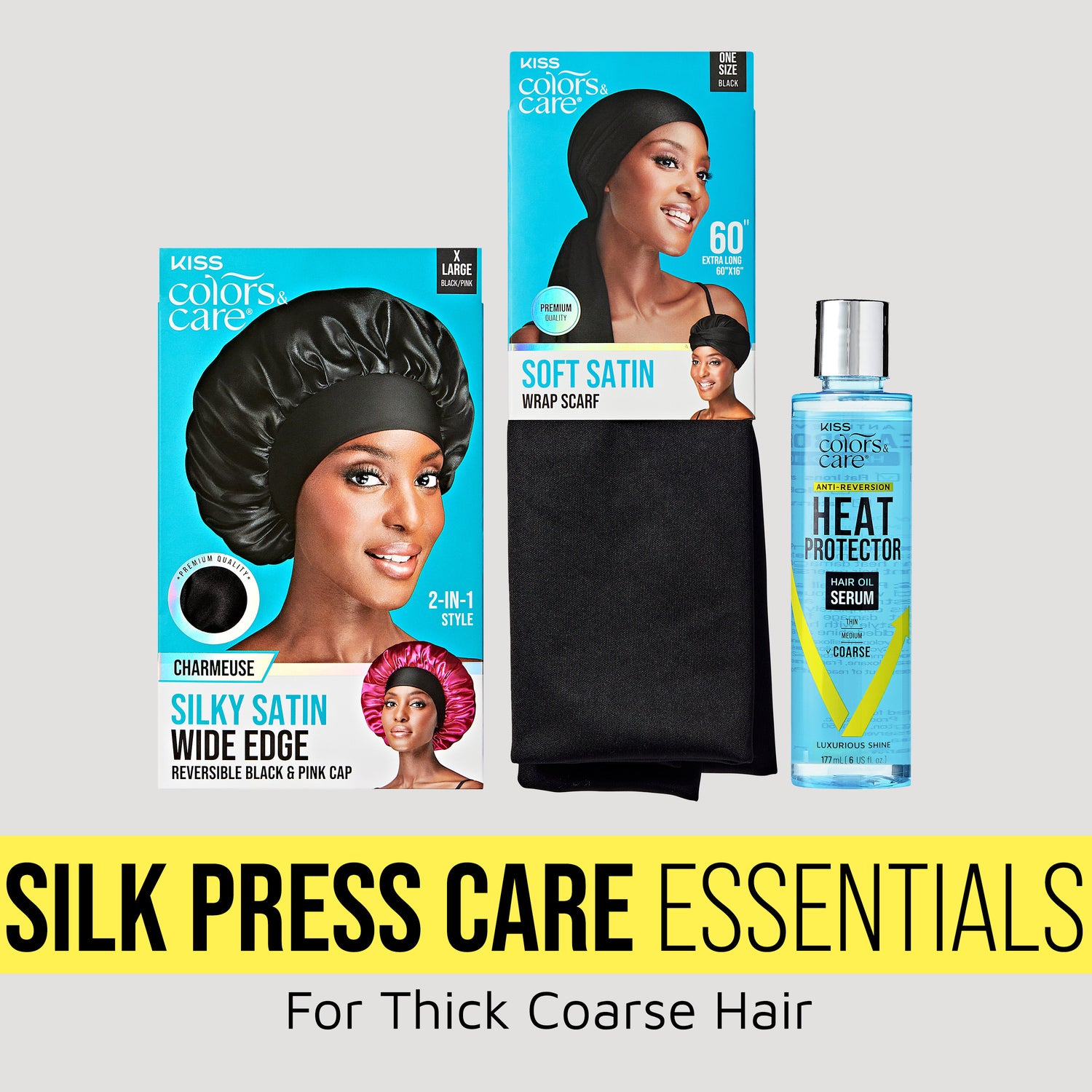 KISS Colors &amp; Care Silk Press Care Essentials bundle with black satin wide edge cap, soft satin wrap scarf, and heat protector hair oil serum for thick coarse hair.