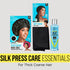 KISS Colors & Care Silk Press Care Essentials bundle with black satin wide edge cap, soft satin wrap scarf, and heat protector hair oil serum for thick coarse hair.