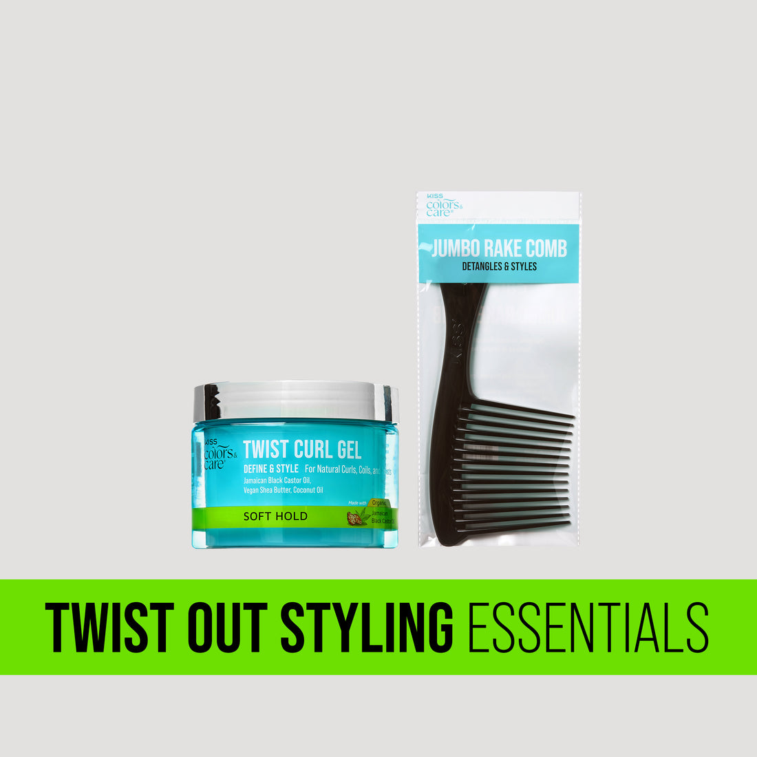 KISS Colors &amp; Care Twist Curl Gel in a blue jar labeled "Soft Hold" with a black jumbo rake comb in packaging, on a green banner reading "Twist Out Styling Essentials."