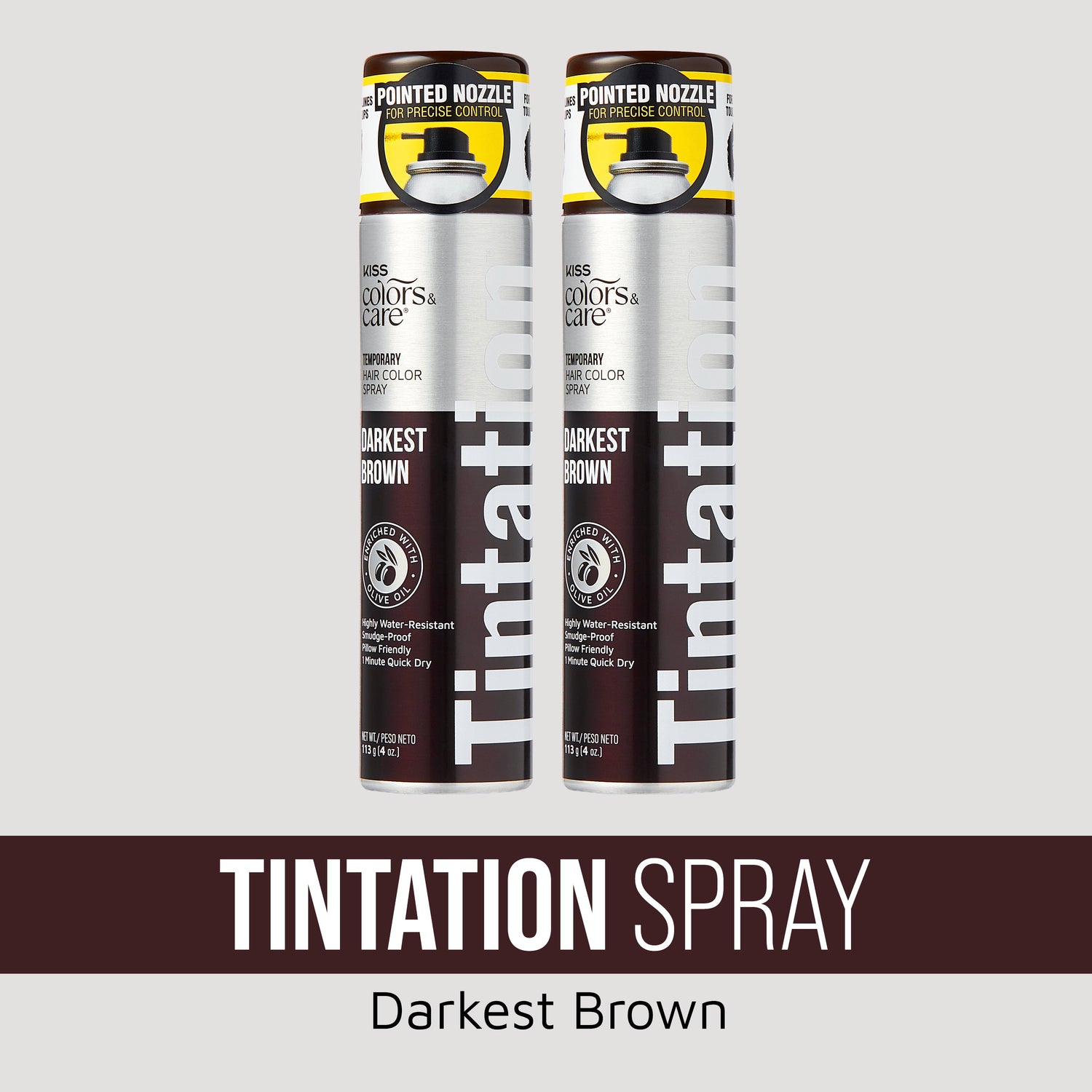 Two silver and dark brown cans of KISS Colors &amp; Care Tintation Spray in Darkest Brown, with pointed nozzle for precise control.