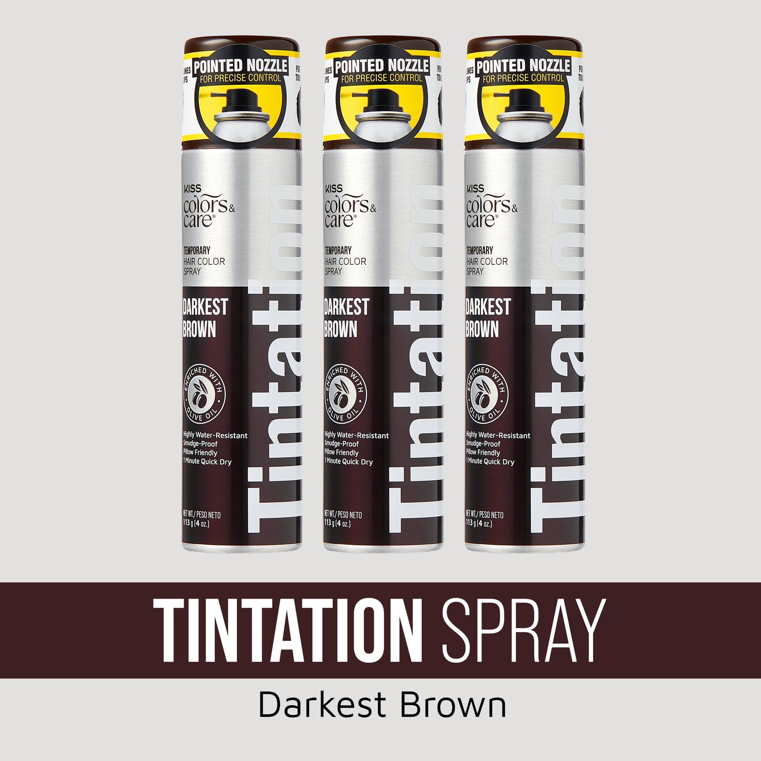 Three silver and dark brown cans of KISS Colors &amp; Care Tintation Spray in Darkest Brown, featuring a pointed nozzle for precise control and enriched with olive oil.