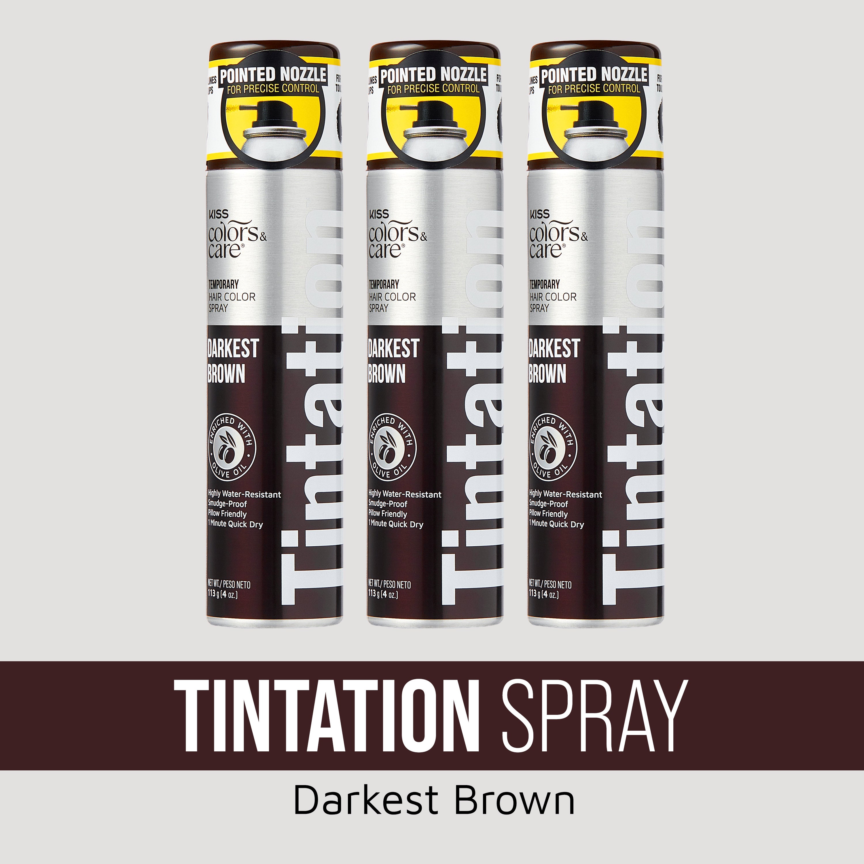 Three silver and dark brown cans of KISS Colors &amp; Care Tintation Spray in Darkest Brown, featuring a pointed nozzle for precise control and enriched with olive oil.