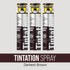 Three silver and dark brown cans of KISS Colors & Care Tintation Spray in Darkest Brown, featuring a pointed nozzle for precise control and enriched with olive oil.