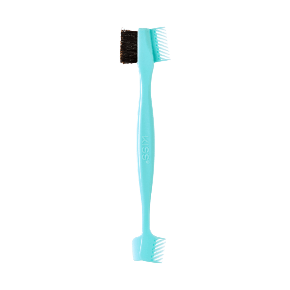 Turquoise double-ended 4-in-1 edge boar brush with brown bristles on one end and small blue combs on both ends, branded KISS.