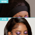 Before and after close-up of a woman’s forehead, showing improved wig hairline with smooth edges and styled baby hairs.