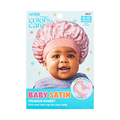 Smiling baby wearing a pink leopard satin bonnet, product packaging with "BABY SATIN PREMIUM BONNET" and "First ever hair cap for your baby" text visible.