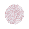 Round baby bonnet made of pink satin fabric with a white leopard print pattern, viewed from above.