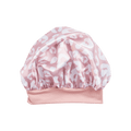 Baby satin bonnet with a pink and white leopard print, gathered elastic band at the base, shown flat on a transparent background.