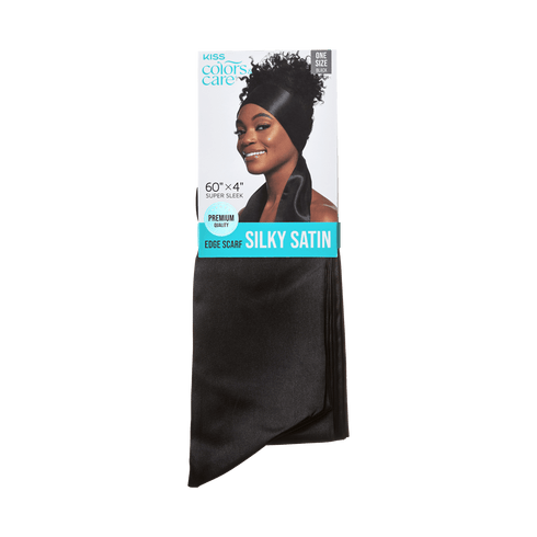 Packaging for a Silky Satin black Edge Scarf from KISS Colors &amp;amp; Care, made with premium satin for laying down hair edges stylishly. 