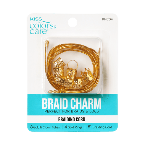 Packaging for gold hair braid charms from KISS Colors &amp; Care.