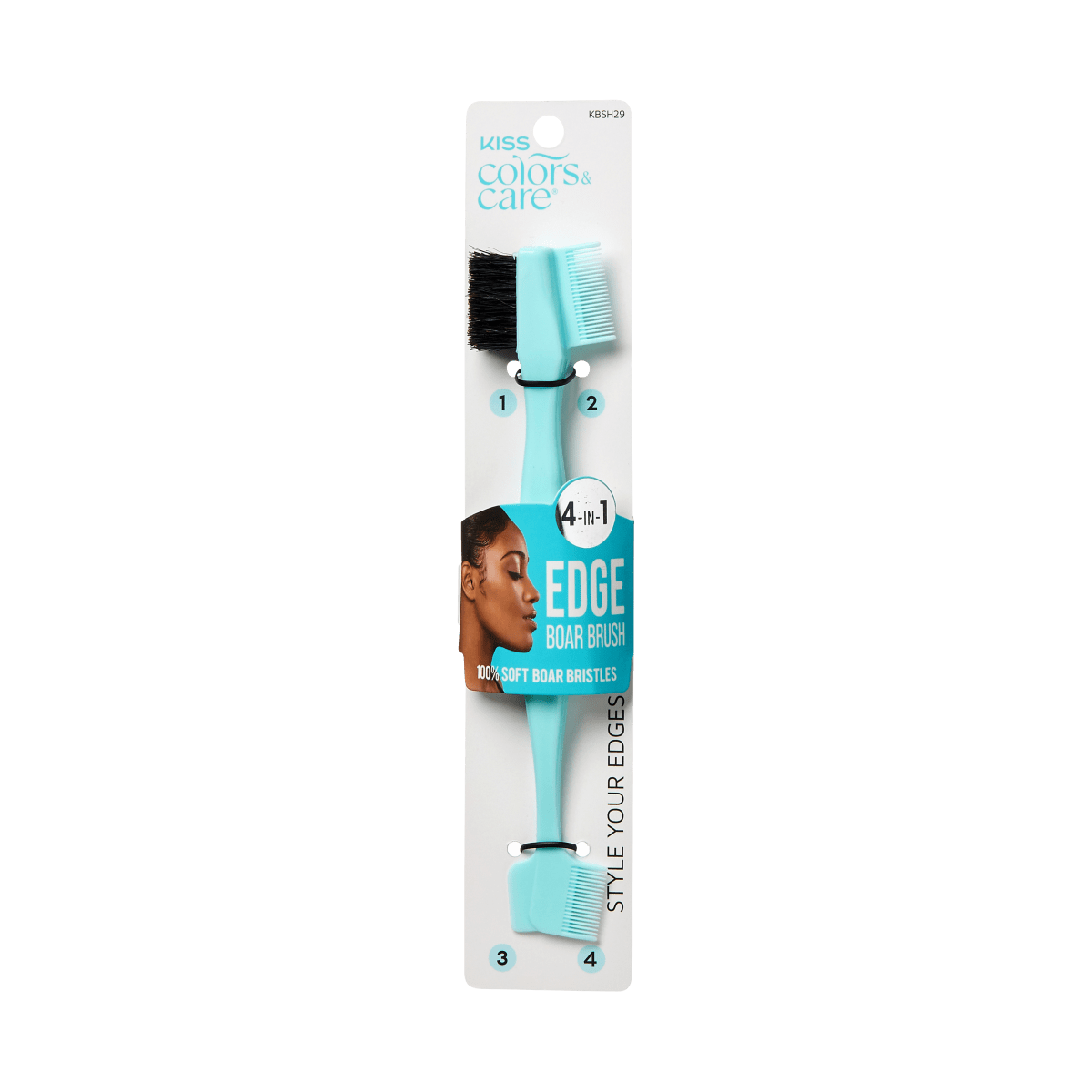 KISS Colors &amp; Care 4-in-1 edge brush with teal handle and black and teal bristles, featuring 100% soft boar bristles for styling edges.