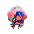 Soft and silky toddler turban wrap with pre-tied top knot bow in vibrant pink, blue, orange, green, and yellow tie-dye pattern.