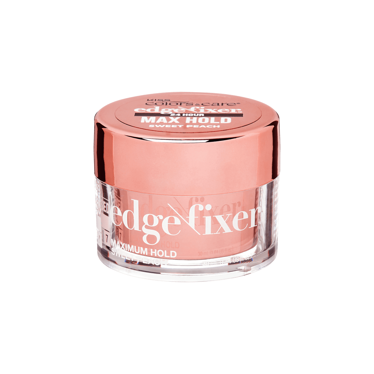 Clear plastic jar with a shiny peach-colored lid labeled "edge fixer 24 hour MAX HOLD SWEET PEACH," holding edge styling gel.