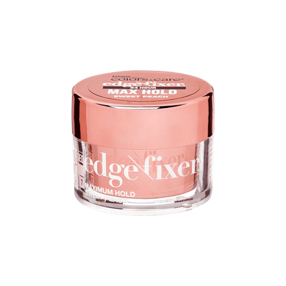 Clear plastic jar with a shiny peach-colored lid labeled "edge fixer 24 hour MAX HOLD SWEET PEACH," holding edge styling gel.