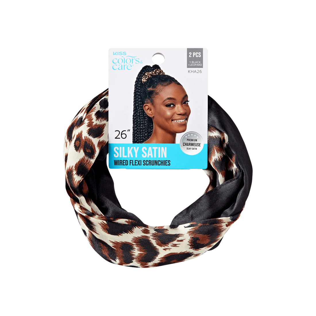 KISS Colors &amp; Care Silky Satin Flex Wired Scrunchies – Black/Leopard