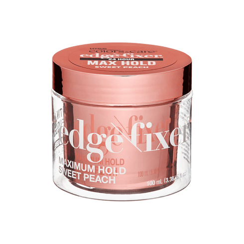 A jar of Edge Fixer hair gel from KISS Colors &amp; Care which offers superior hold while moisturizing hair.