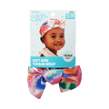 KISS Colors &amp; Care toddler turban wrap in tie-dye with pre-tied top knot bow, packaging shows smiling toddler, for ages 12-36 months, premium quality.