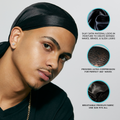 Young man wearing a black silky satin durag, with text highlighting moisture-locking fabric for waves, ultra-compression for 360° waves, and breathable one-size fit.