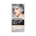 KISS Colors &amp; Care hair bleach and tone kit packaging featuring a woman with short icy blonde hair, showing before and after hair color swatches labeled "Ice."