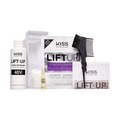 KISS Lift Up bleaching kit with 40V crème developer, powder lightener, revitalizing serum ampule, black comb applicator, and instructions.